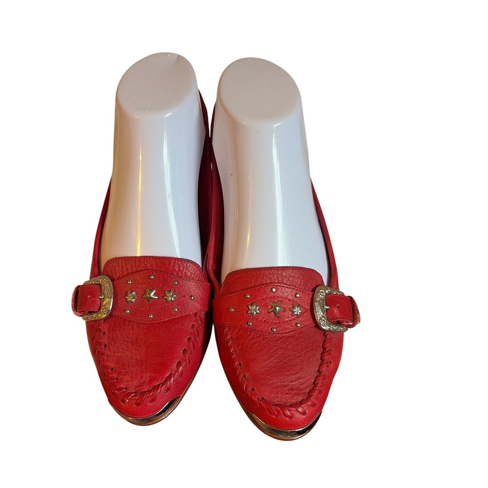 9 West Red Leather Western Loafers Silver Star Studs Buckle Flats Brazil 6M